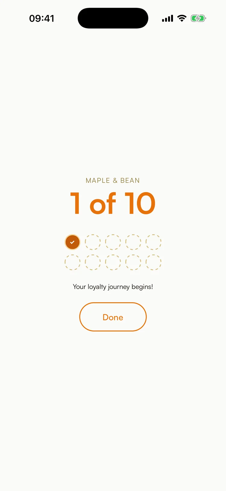The customer’s phone showing stamp 1 of 10 on the shop’s loyalty card