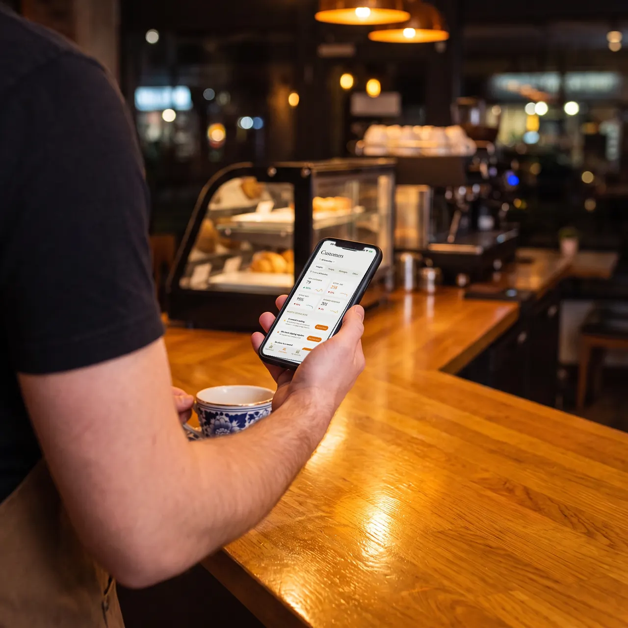 A café owner behind the counter checking customer insights in the Ambr app