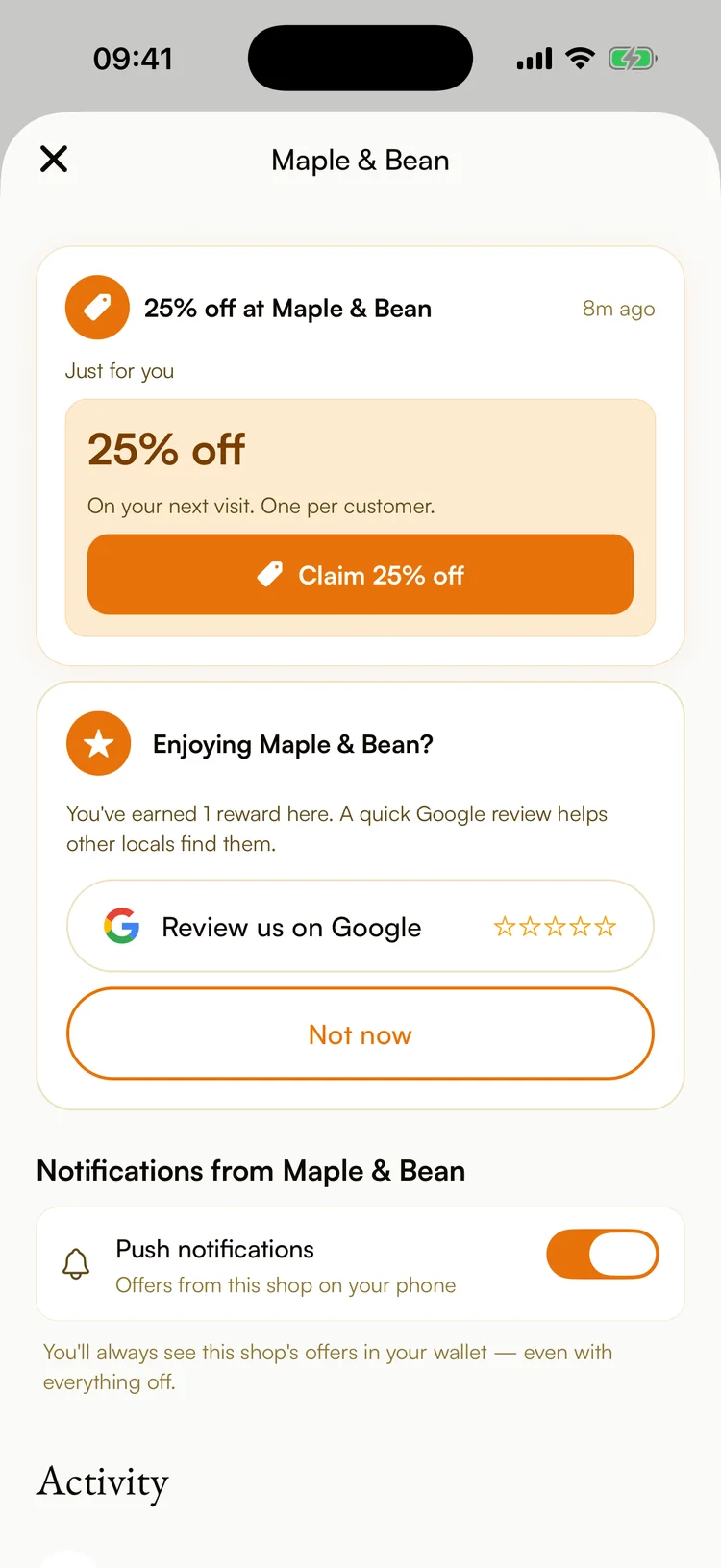 The in-app prompt asking a happy customer for a Google review
