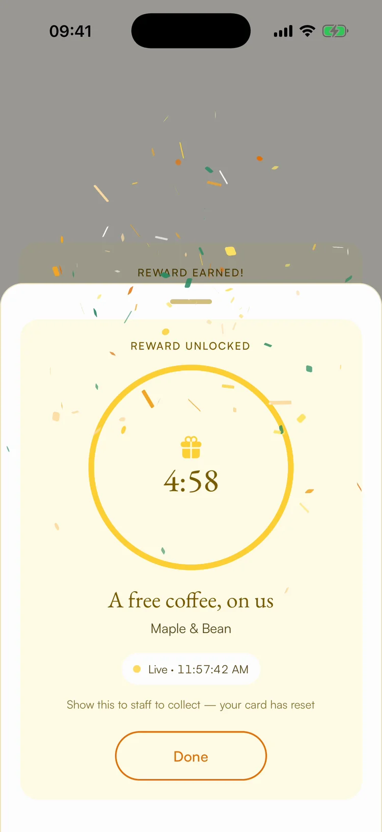 The live reward pass: a free coffee, a countdown ring and a running clock