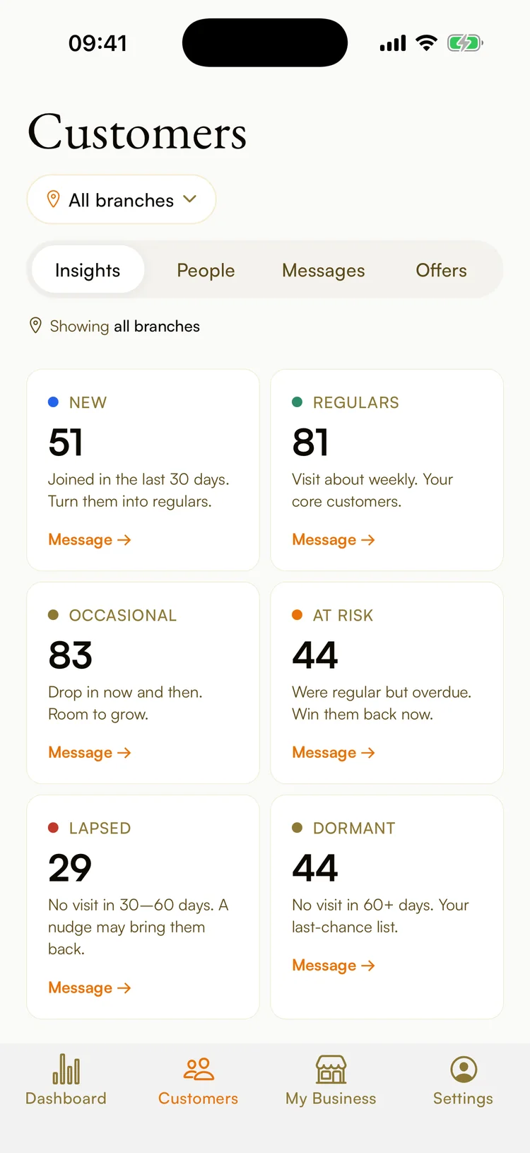 Customer groups in the Ambr app: new, regulars, occasional, at risk, lapsed and dormant