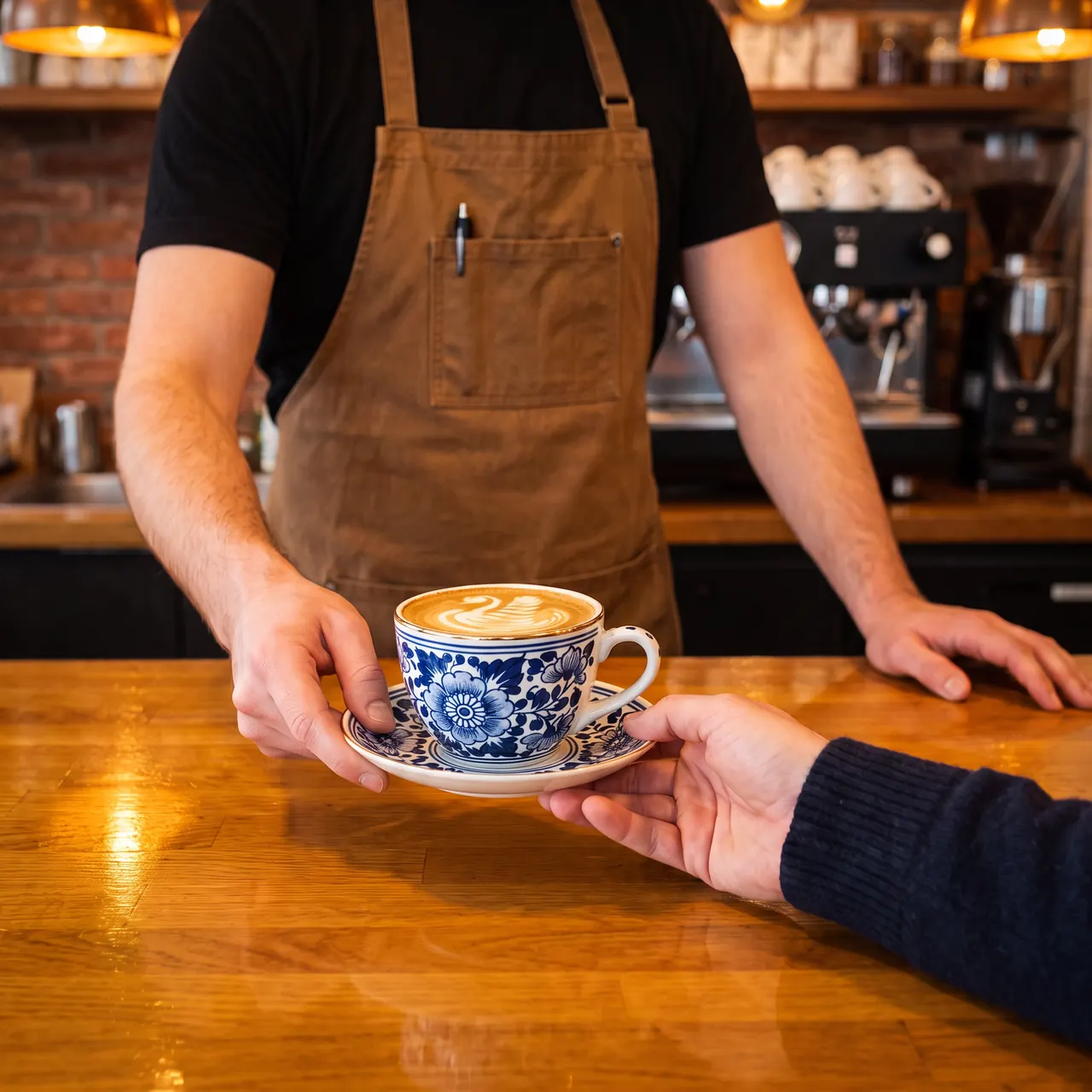 A barista hands a customer their free coffee across the counter
