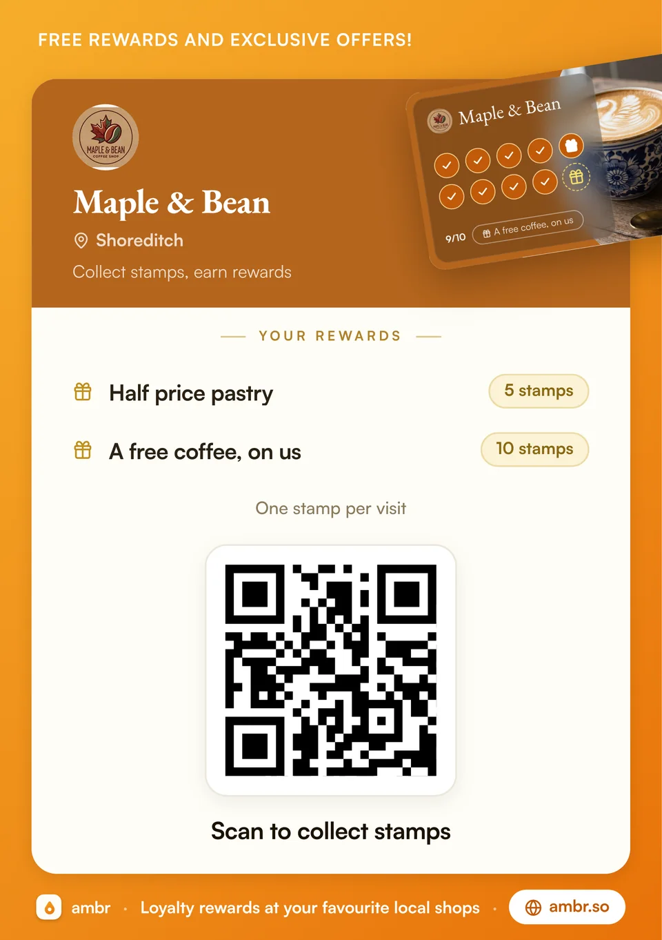 The printed counter stand: the shop’s name, its rewards, and a QR code to collect stamps