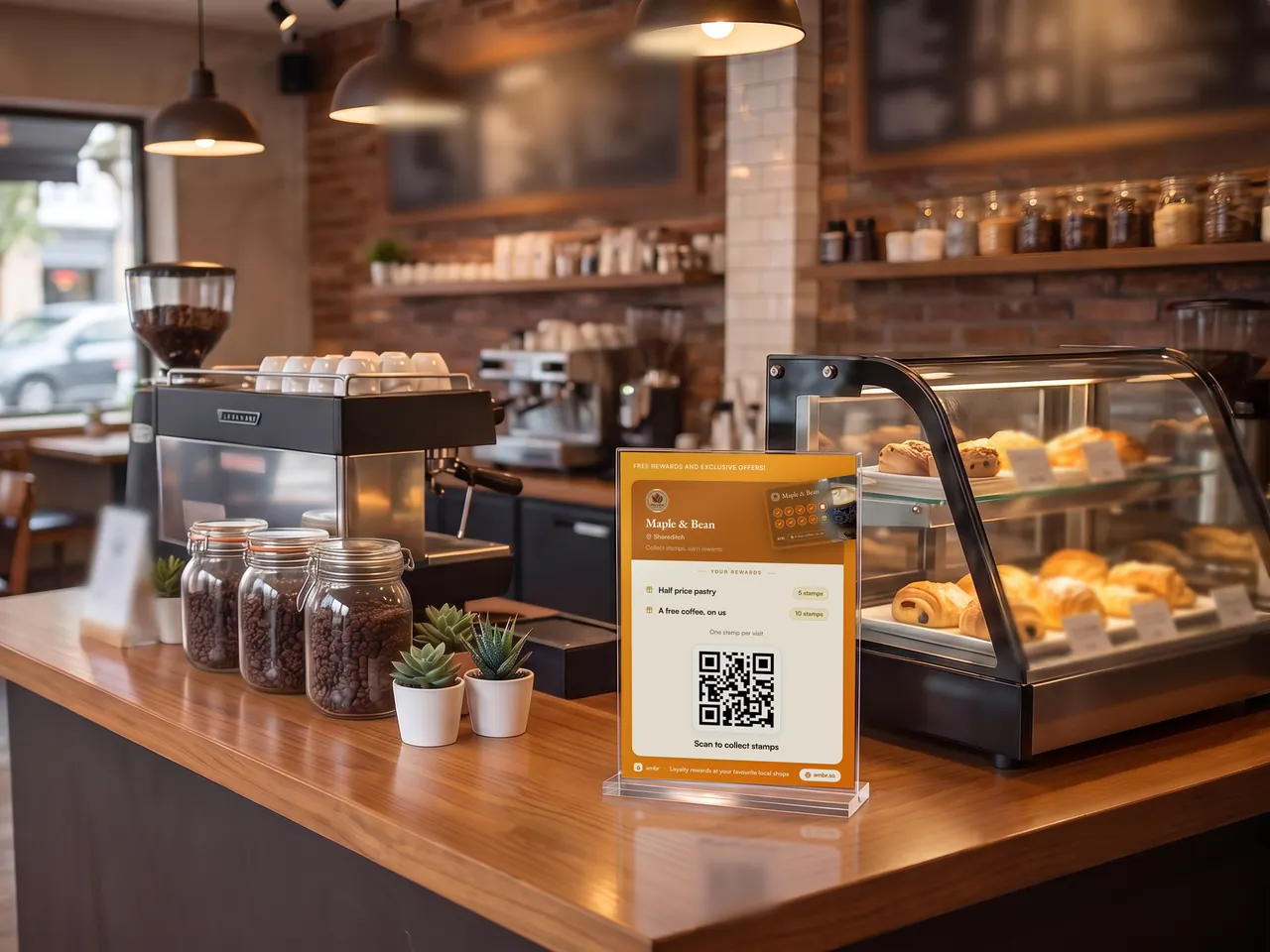 An Ambr counter stand by the till in a café, showing the shop’s rewards and a QR code